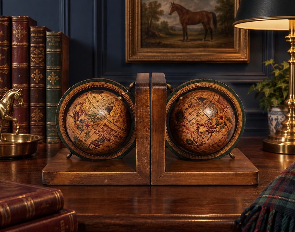 Wood Spinning Globe World Bookends Made Italy Vintage Imperfections See Descrip
